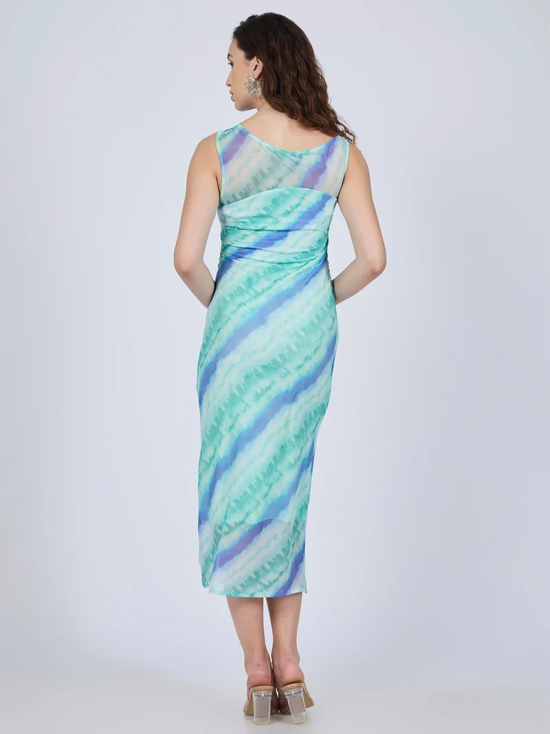 Outzidr  Blue Printed Off Shoulder Midi Dress for Women | Best Price UAE